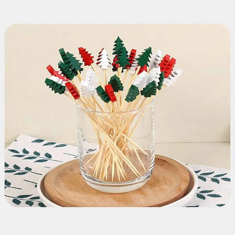 Puošnūs kokteilių rinktukai iš bambuko vaisių maistas šventiniai dantų krapštukai užkandžių iešmeliai mediniai pagaliukai su eglutėmis viršuje