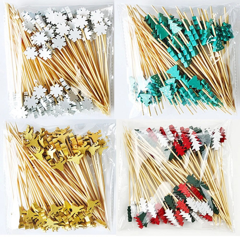 100 τεμ. Σουβλάκια από μπαμπού μιας χρήσης Χριστουγεννιάτικο μπουφέ Επιλογές φαγητού Cupcake Πιρούνι φρούτων Κέικ για πάρτι Επιδόρπιο σαλάτα ραβδιά Οδοντογλυφίδα σουβλάκι