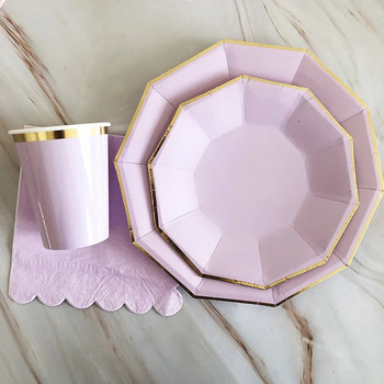 Златни комплекти посуда за еднократна употреба Пурпурни парти хартиени чаши Чинии Baby Shower Консумативи за рожден ден Карнавални сватбени декорации Сувенири