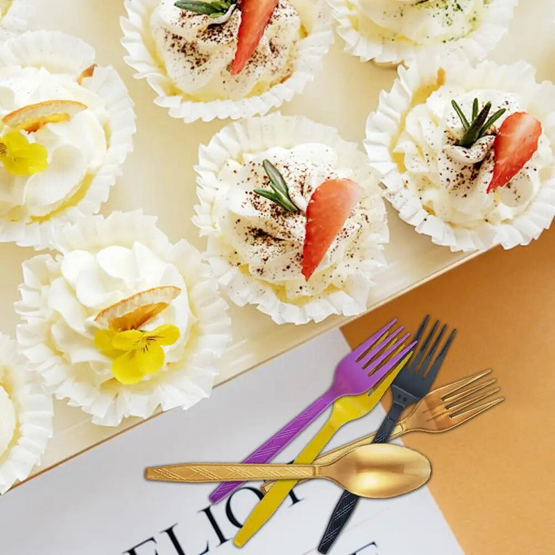 30 τμχ/Σετ Πλαστικά μαχαιροπίρουνα κουτάλια πιρούνια μαχαίρι μαχαιροπήρουνα Επαναχρησιμοποιήσιμα πλαστικά επιτραπέζια σκεύη Μαύρο Λευκό Κόκκινο Μωβ Κίτρινο Χρυσό Ροζ Πράσινο