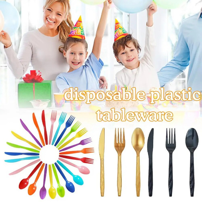 30 τμχ/Σετ Πλαστικά μαχαιροπίρουνα κουτάλια πιρούνια μαχαίρι μαχαιροπήρουνα Επαναχρησιμοποιήσιμα πλαστικά επιτραπέζια σκεύη Μαύρο Λευκό Κόκκινο Μωβ Κίτρινο Χρυσό Ροζ Πράσινο