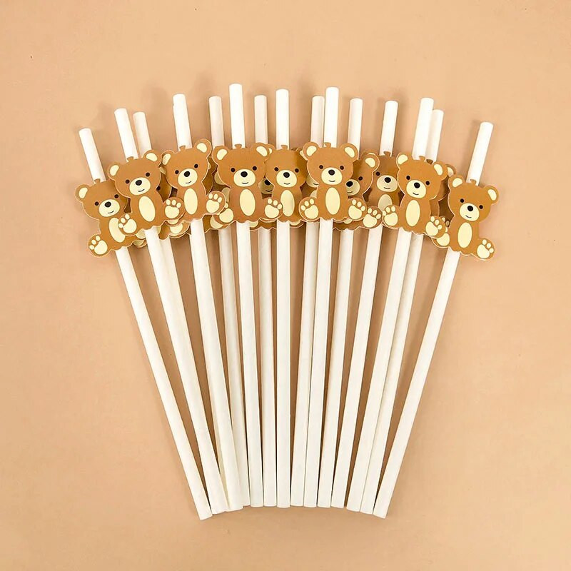 10-30 τμχ χάρτινα καλαμάκια καφέ αρκούδας Παιδικά άχυρα πόσης μιας χρήσης 1ο πάρτι γενεθλίων αγοριών DIY Διακόσμηση Προμήθειες Baby Shower