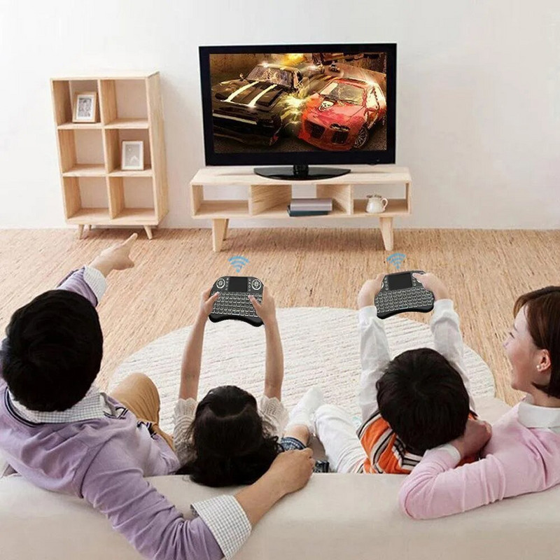 Πολύχρωμο οπίσθιο φωτισμό Αγγλικά Ρωσικά 2.4G Air Mouse Remote Touchpad για Android TV Box PC I8 Mini ασύρματο πληκτρολόγιο