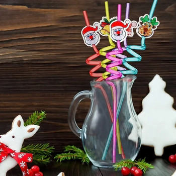 6 бр. Коледна спираловидна сламка за многократна употреба Дядо Коледа Elk Xmas Tree Пластмасови сламки за пиене Декорация за коледни партита