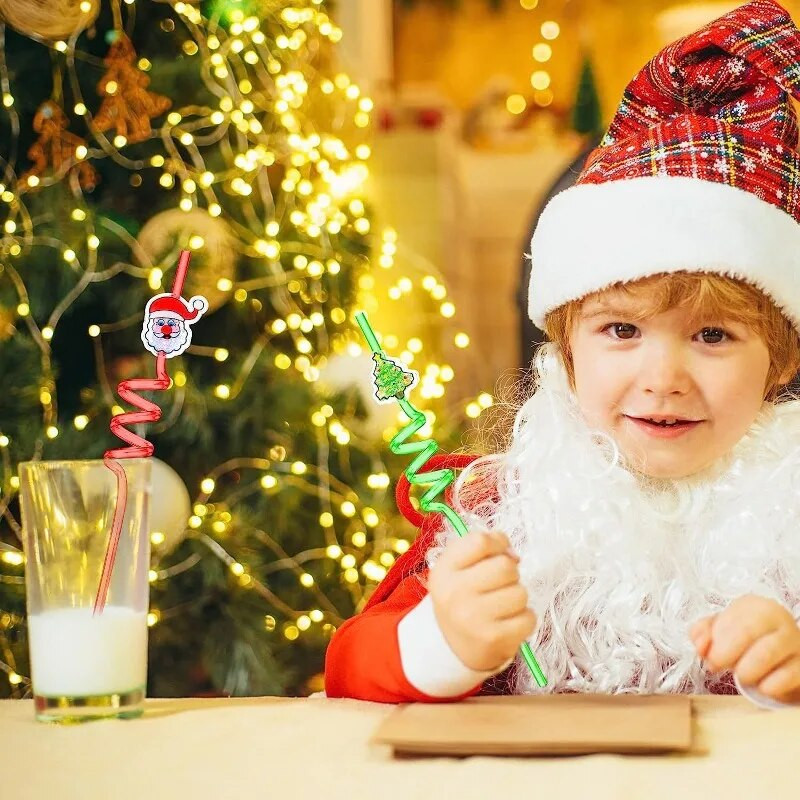 6 τμχ Χριστουγεννιάτικα επαναχρησιμοποιήσιμα σπειροειδή καλαμάκια Άγιος Βασίλης Αλυκή Χριστουγεννιάτικο δέντρο Πλαστικά καλαμάκια πόσιμου Διακόσμηση Χριστουγεννιάτικου πάρτι