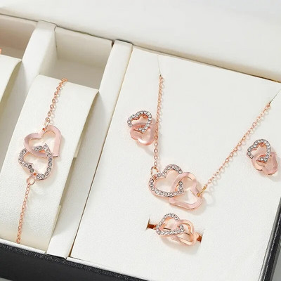 Σετ 5 τμχ Κοσμήματα σε σχήμα καρδιάς σε χρυσό Σετ Δαχτυλίδι Σκουλαρίκια Κολιέ Γυναικεία Κομψότητα Rhinestone Διπλή Καρδιά Κοσμήματα