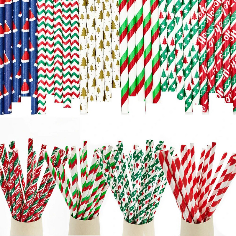 25 τεμ. Χριστουγεννιάτικα καλαμάκια μιας χρήσης Χριστουγεννιάτικο καπέλο του Αϊ-Βασίλη Αστέρι Χαρτί Καλαμάκια για χριστουγεννιάτικη διακόσμηση πάρτι Ψάθινα προμήθειες