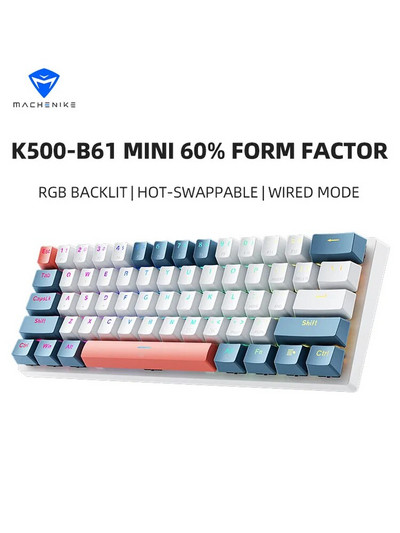 Mini tastatură mecanică Machenike K500-B61, factor de formă de 60%, cu fir, cheie completă, interschimbabilă la cald, cu iluminare din spate RGB, cu 61 de taste pentru jocuri.