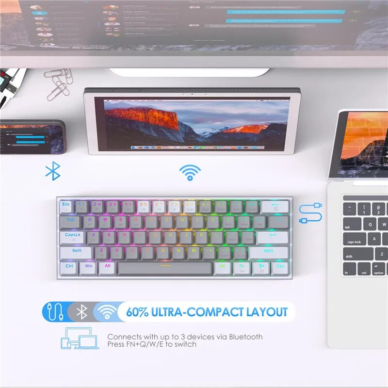 Redragon K616 Pro TKL belaidė RGB mechaninė klaviatūra 5.0 BT / 2.4 Ghz / laidinė trijų režimų 60 % Bluetooth klaviatūra linijinis raudonas jungiklis