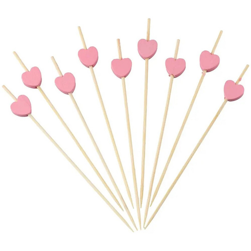 100 τμχ Οδοντογλυφίδες φρούτων σε σχήμα καρδιάς 4,7 ιντσών οδοντογλυφίδες μιας χρήσης από φυσικό μπαμπού Ροζ επιλογές κοκτέιλ μπαμπού