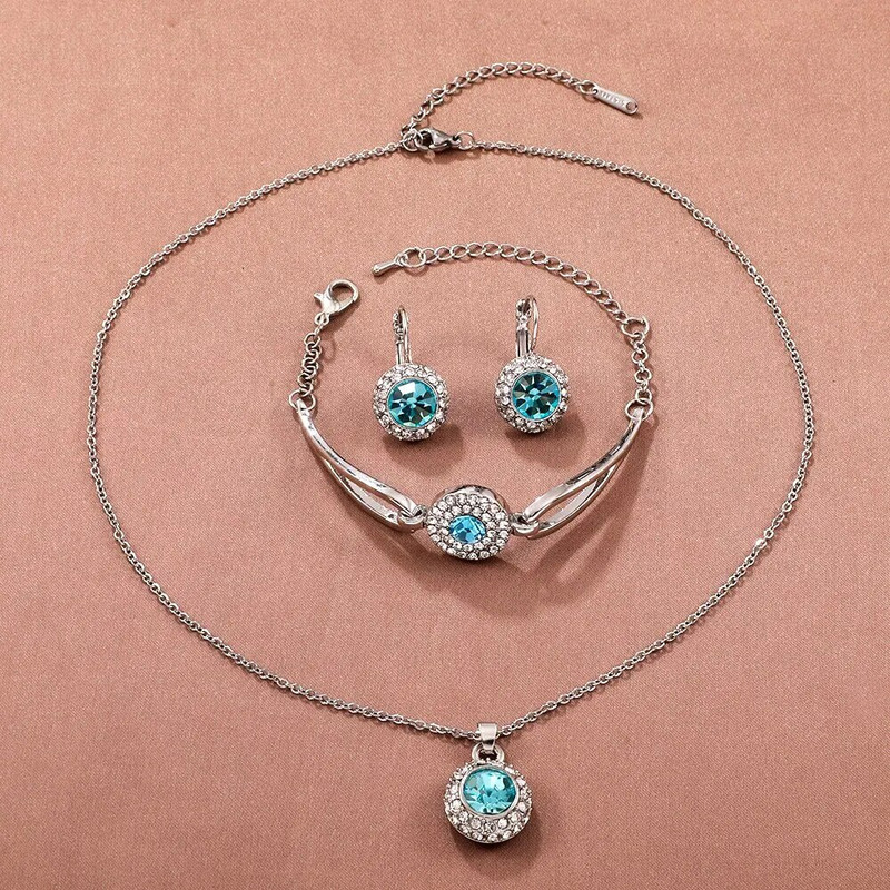 4 ΤΕΜ Μόδα Κρυστάλλινο Σετ Κοσμήματα Δαχτυλίδι Κολιέ Σκουλαρίκια Βραχιόλι Υψηλής Απόδοσης Ασημένιο Χρώμα Κοσμήματα για Γυναικεία Δώρο πάρτι