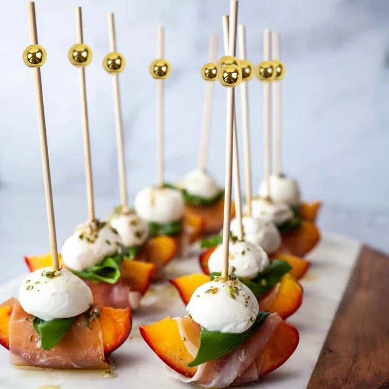 100τμχ 12cm Χρυσές χάντρες Ξυλάκια φαγητού Φρουτοσαλάτα Σνακ Πιρούνι Κοκτέιλ Διακόσμηση Κέικ Μπουφέ Οδοντογλυφίδες Χριστουγεννιάτικες προμήθειες γάμου