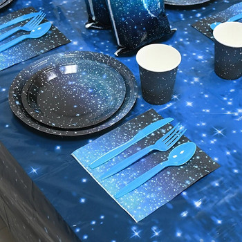 Комплекти съдове за еднократна употреба на тема Звездно небе Декорация за парти за рожден ден Космос Звездна чиния Чаша Покривка за маса Консумативи за бебешки душ