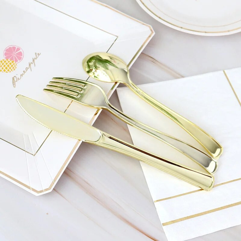 Επιτραπέζια σκεύη μιας χρήσης χρυσό μαχαίρι και πιρούνι κουτάλι σερβίτσιο γενεθλίων ασημένιο ροζ χρυσό προμήθειες για πάρτι μαχαίρι φρούτων κουτάλι επιδόρπιο