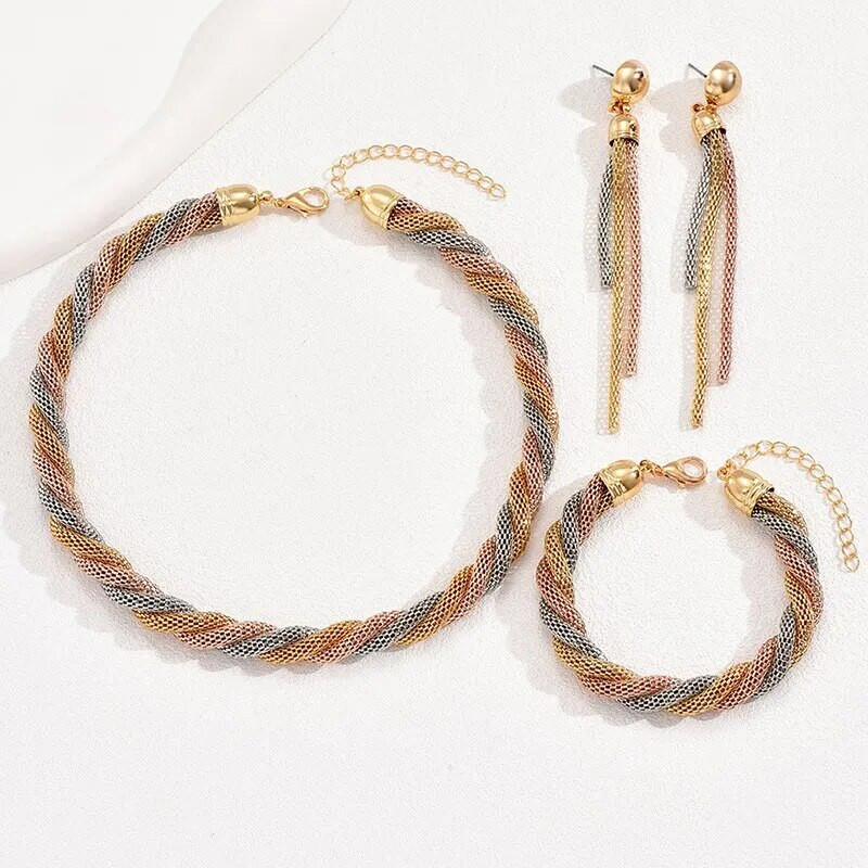4 τμχ Σετ κοσμημάτων Vintage με στριφτή διχτυωτή αλυσίδα Χάλκινο Μεταλλικό Ρυθμιζόμενο Μακραμέ Κομψό για Γυναικείο Κοριτσάκι στο πάρτι