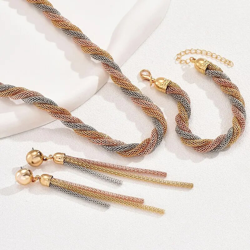 4 τμχ Σετ κοσμημάτων Vintage με στριφτή διχτυωτή αλυσίδα Χάλκινο Μεταλλικό Ρυθμιζόμενο Μακραμέ Κομψό για Γυναικείο Κοριτσάκι στο πάρτι