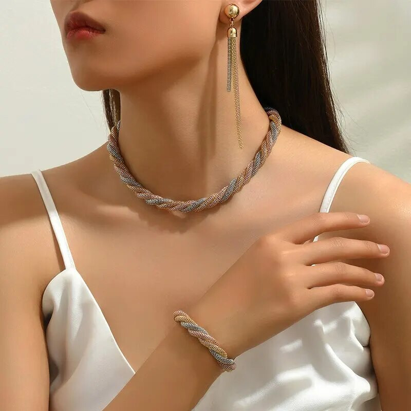 4 τμχ Σετ κοσμημάτων Vintage με στριφτή διχτυωτή αλυσίδα Χάλκινο Μεταλλικό Ρυθμιζόμενο Μακραμέ Κομψό για Γυναικείο Κοριτσάκι στο πάρτι