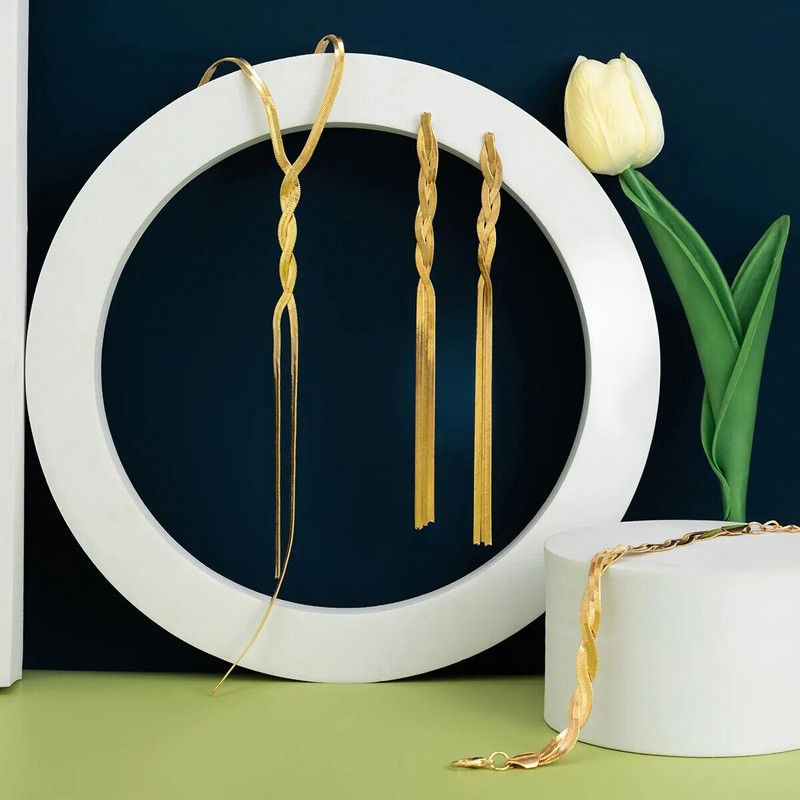 3 τμχ/Σετ Μοδινό Κολιέ Σετ Σκουλαρίκια Βραχιόλι Χρυσό Χρώμα Μακριά σε σχήμα V Φούντα Αλυσίδα Αξεσουάρ Γυναικεία Αξεσουάρ Δώρο