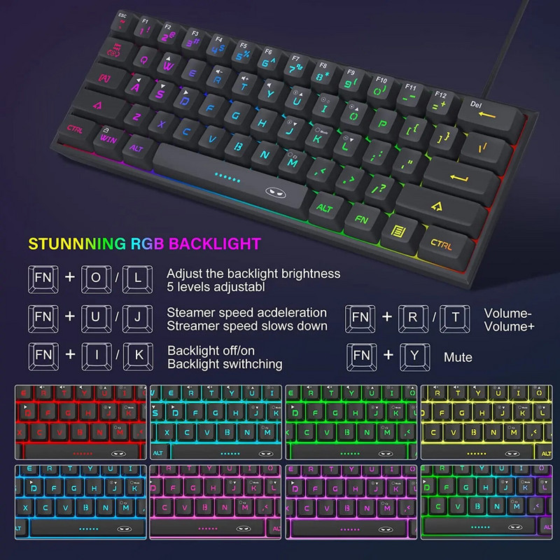 „MageGee TS91 Mini“ 60 % žaidimų / biuro klaviatūra, vandeniui atspari klaviatūros tipo laidinė RGB apšviesta kompaktiška kompiuterio klaviatūra, skirta „Windows“ / „Mac“ /