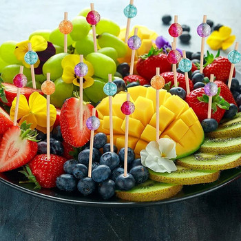 100 бр. Бамбукова китка 12 см. Бюфет Cupcake Fruit Fork Party Dessert Salad Stick Плодови пръчици Коктейлни шишчета за сватбена украса