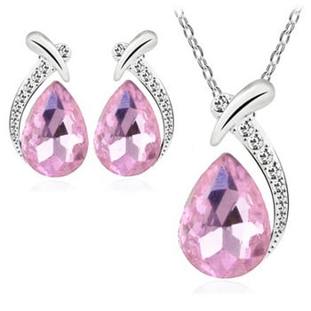 Obega Teardrop Crystal Stone Комплект бижута Колие Post Earrings Дамска мода Evening Party Аксесоар Син цвят Crystal Stone