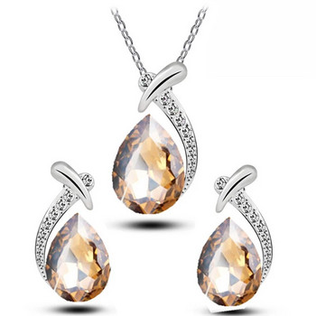 Obega Teardrop Crystal Stone Комплект бижута Колие Post Earrings Дамска мода Evening Party Аксесоар Син цвят Crystal Stone