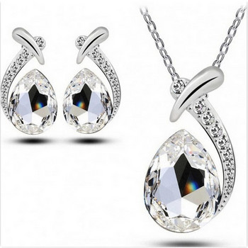 Obega Teardrop Crystal Stone Комплект бижута Колие Post Earrings Дамска мода Evening Party Аксесоар Син цвят Crystal Stone