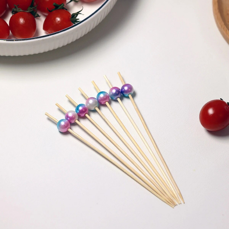 100 τμχ/τσάντα ντεγκραντέ μαργαριτάρι φρούτων ραβδί μπαμπού ραβδί φρούτων μίας χρήσης πιρούνι φρούτων δημιουργικό φανταχτερό κοκτέιλ σούσι stick γιορτινό πάρτι