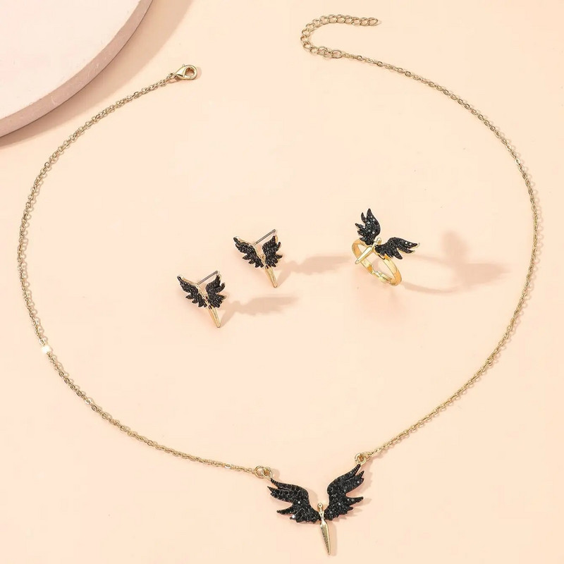 4 Pls Γυναικείο μαύρο κολιέ άγγελος με δαχτυλίδι με καρφιά αυτιών με πανέμορφο στυλ και σετ κοσμημάτων μόδας