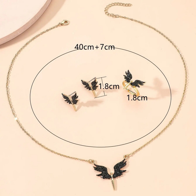 4 Pls Γυναικείο μαύρο κολιέ άγγελος με δαχτυλίδι με καρφιά αυτιών με πανέμορφο στυλ και σετ κοσμημάτων μόδας