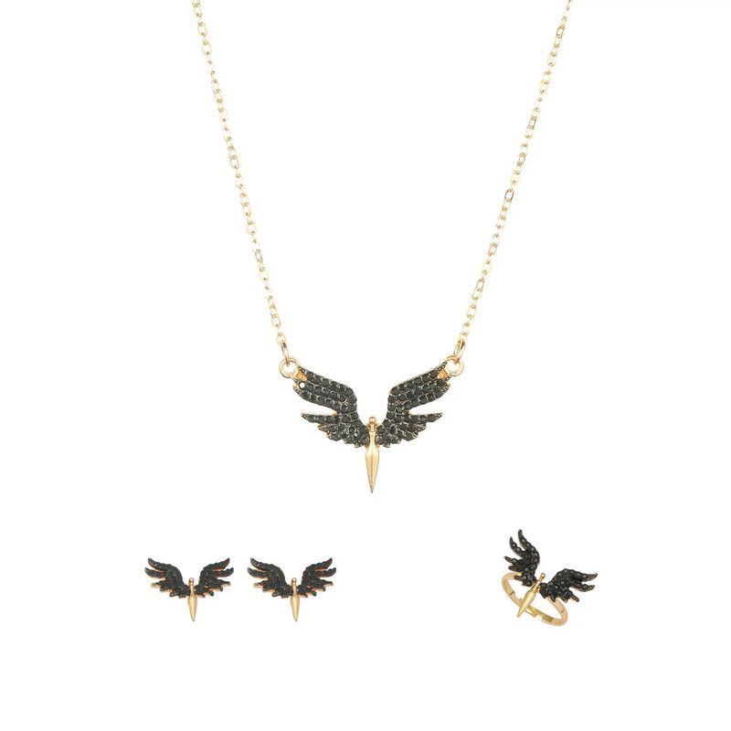 4 Pls Γυναικείο μαύρο κολιέ άγγελος με δαχτυλίδι με καρφιά αυτιών με πανέμορφο στυλ και σετ κοσμημάτων μόδας