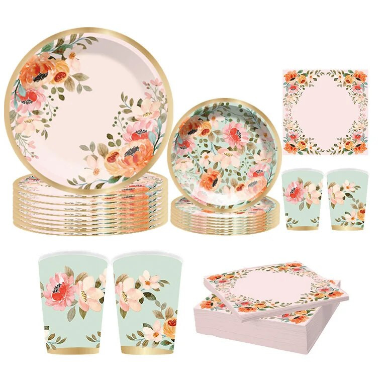 1σετ Επιτραπέζια σκεύη μιας χρήσης Επίπεδα χάρτινα ποτήρια λουλουδιών για πάρτι τσαγιού Διακοσμήσεις γάμου γενεθλίων για νυφικό