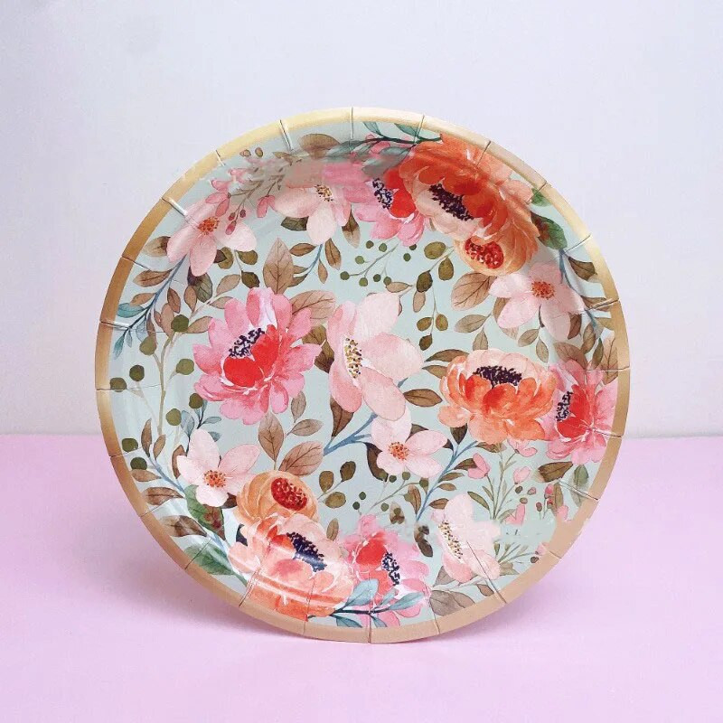 Ροζ λουλούδια εμπριμέ πιάτα μιας χρήσης για κορίτσια Χαρτί γενεθλίων Πιάτο γάμου Bachelorette Μπομπονιέρες για νυφικό ντους