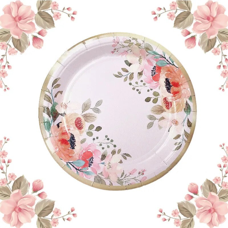Ροζ λουλούδια εμπριμέ πιάτα μιας χρήσης για κορίτσια Χαρτί γενεθλίων Πιάτο γάμου Bachelorette Μπομπονιέρες για νυφικό ντους
