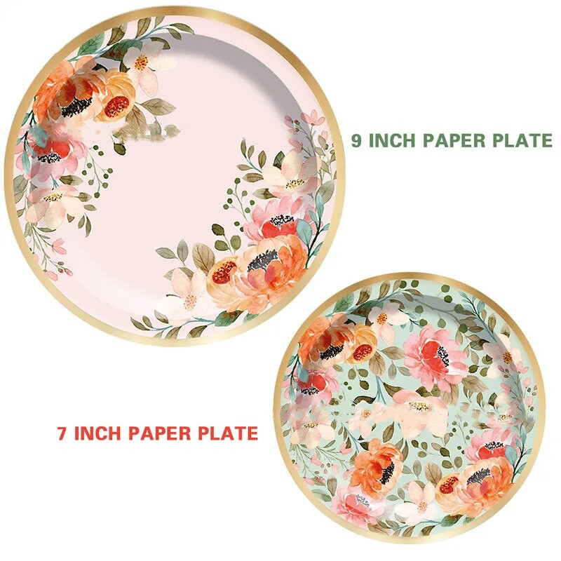 Ροζ λουλούδια εμπριμέ πιάτα μιας χρήσης για κορίτσια Χαρτί γενεθλίων Πιάτο γάμου Bachelorette Μπομπονιέρες για νυφικό ντους