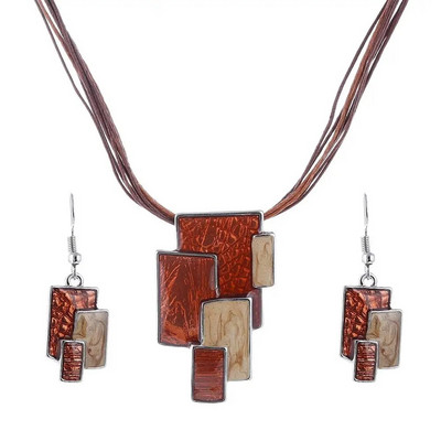 Bohemian Σετ κοσμημάτων από σμάλτο για γυναίκες Επιχρυσωμένο γεωμετρικό μεγάλο πετράδι μενταγιόν κολιέ και σκουλαρίκια Σετ ολόκληρο σετ κοσμημάτων