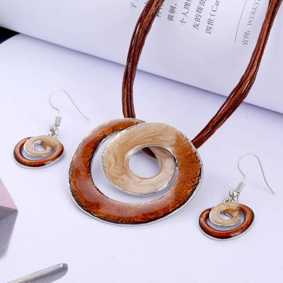 Bohemian Σετ κοσμημάτων από σμάλτο για γυναίκες Επιχρυσωμένο γεωμετρικό μεγάλο πετράδι μενταγιόν κολιέ και σκουλαρίκια Σετ ολόκληρο σετ κοσμημάτων