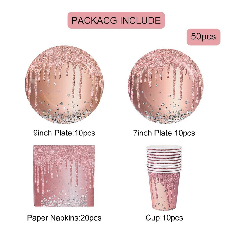 Ροζ χρυσό σερβίτσιο μιας χρήσης Διακόσμηση πάρτι γενεθλίων γάμου Παιδικό ντους μωρού Κοριτσάκι Νυφικά προμήθειες Χάρτινο πιάτο Κύπελλο σερβίτσιο