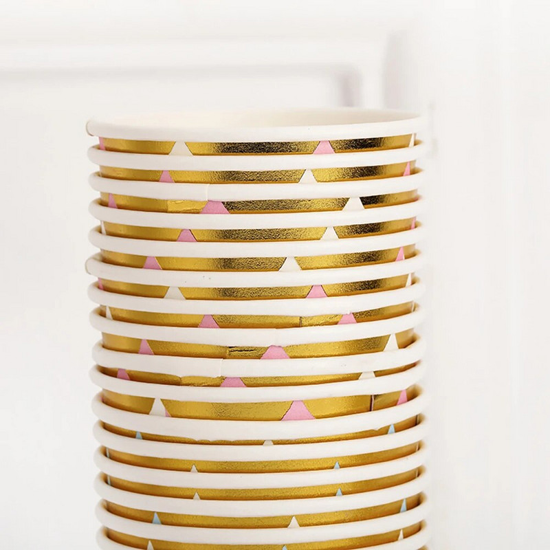 10 ΤΕΜ. 9 Oz 250ml Επιχρυσωμένο ριγέ Παχύ χάρτινο κύπελλο μίας χρήσης Κύπελλο Γάμου Γενέθλια Γιορτινό σερβίτσιο μιας χρήσης