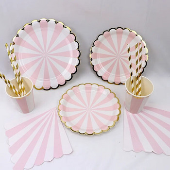 Розово фолио Златна хартиена чиния за еднократна употреба Чаши за рожден ден Слама за детски рожден ден Baby Shower Кръщене Парти Сватбен декор Сервии