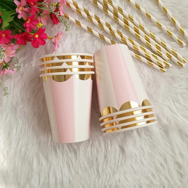Ροζ αλουμινόχαρτο χρυσό χάρτινο πιάτο μιας χρήσης Φλιτζάνια γενεθλίων Καλαμάκι για παιδιά Γενέθλια Βρεφικό ντους Βάπτιση Διακόσμηση Γάμου Επιτραπέζια σκεύη