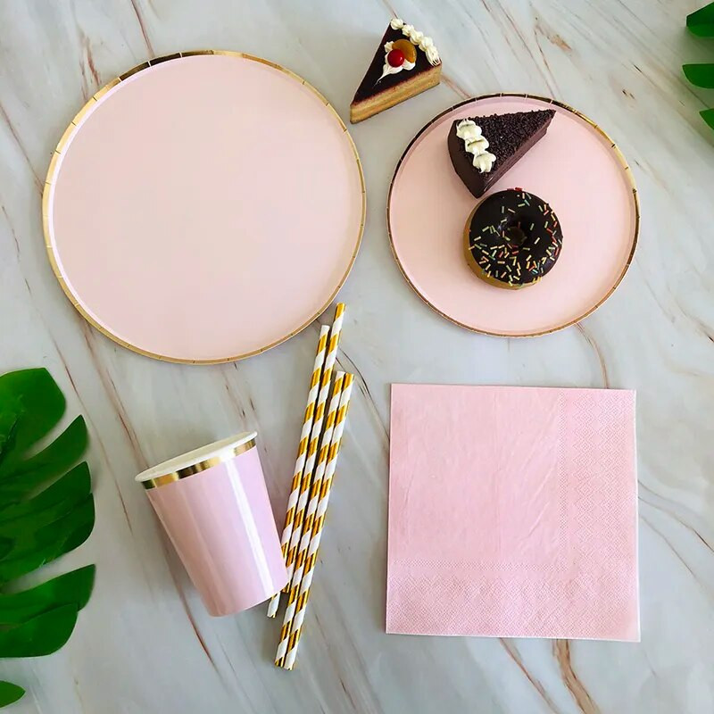 Ροζ χρυσό πάρτι μιας χρήσης σερβίτσιο Σαμπάνιας Χάρτινο Πιάτο Κύπελλο Ψάθινο χαρτοπετσέτες Γενέθλια Καρναβάλι Διακόσμηση γάμου Προμήθειες για παιδικό πάρτι