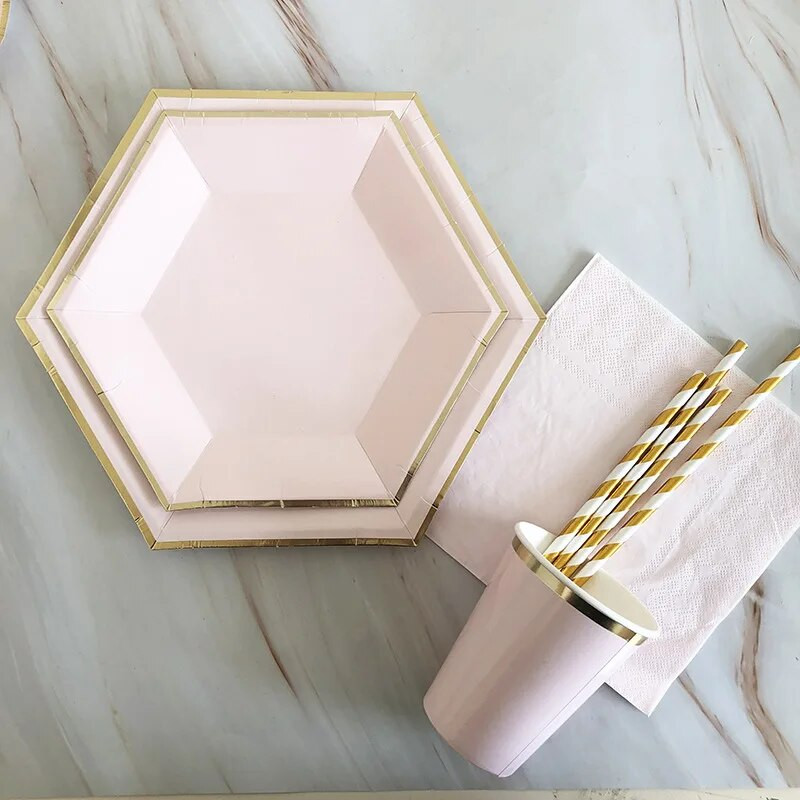 Ροζ χρυσό πάρτι μιας χρήσης σερβίτσιο Σαμπάνιας Χάρτινο Πιάτο Κύπελλο Ψάθινο χαρτοπετσέτες Γενέθλια Καρναβάλι Διακόσμηση γάμου Προμήθειες για παιδικό πάρτι