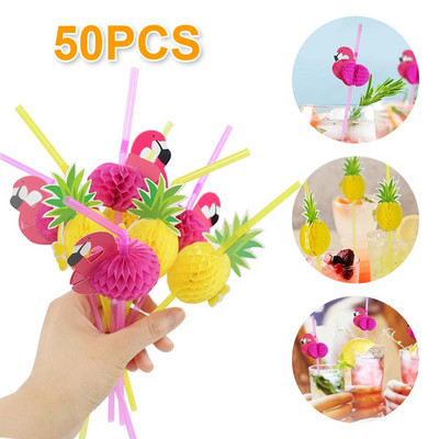 50 buc/lot paie de hârtie pentru flamingo ananas paie de băut cupcake hawaiian accesorii de decorare paie de băut din hârtie