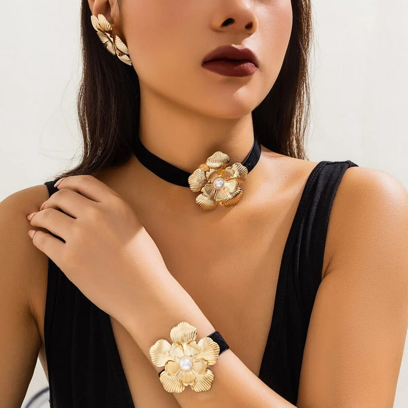 3 ΤΕΜ/Σετ Goth Κομψό μαύρο κορεάτικο βελούδινο τριαντάφυλλο λουλούδι κολιέ τσόκερ βραχιόλι Σκουλαρίκι Γυναικείο vintage κοσμήματα με αλυσίδα κλείδας