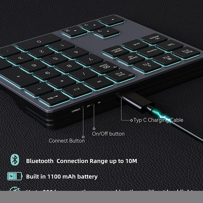 Αριθμητικό πληκτρολόγιο Bluetooth SeenDa με οπίσθιο φωτισμό για φορητούς υπολογιστές Αριθμητικά πλήκτρα 34 πλήκτρων με οπίσθιο φωτισμό 7 χρωμάτων για MacBook και Windows