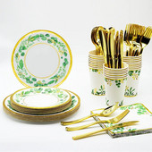 Χρυσή δαντέλα Πράσινα φύλλα Επιτραπέζια σκεύη μιας χρήσης Προμήθειες για ντους μωρών Πράσινη φυτική στάμπα πετσέτες Παιδικά διακοσμητικά για πάρτι για χαρούμενα γενέθλια