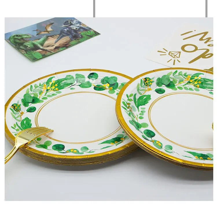 Χρυσή δαντέλα Πράσινα φύλλα Επιτραπέζια σκεύη μιας χρήσης Προμήθειες για ντους μωρών Πράσινη φυτική στάμπα πετσέτες Παιδικά διακοσμητικά για πάρτι για χαρούμενα γενέθλια