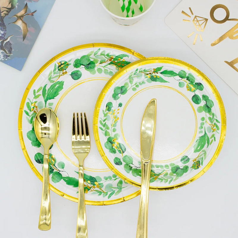 Χρυσή δαντέλα Πράσινα φύλλα Επιτραπέζια σκεύη μιας χρήσης Προμήθειες για ντους μωρών Πράσινη φυτική στάμπα πετσέτες Παιδικά διακοσμητικά για πάρτι για χαρούμενα γενέθλια