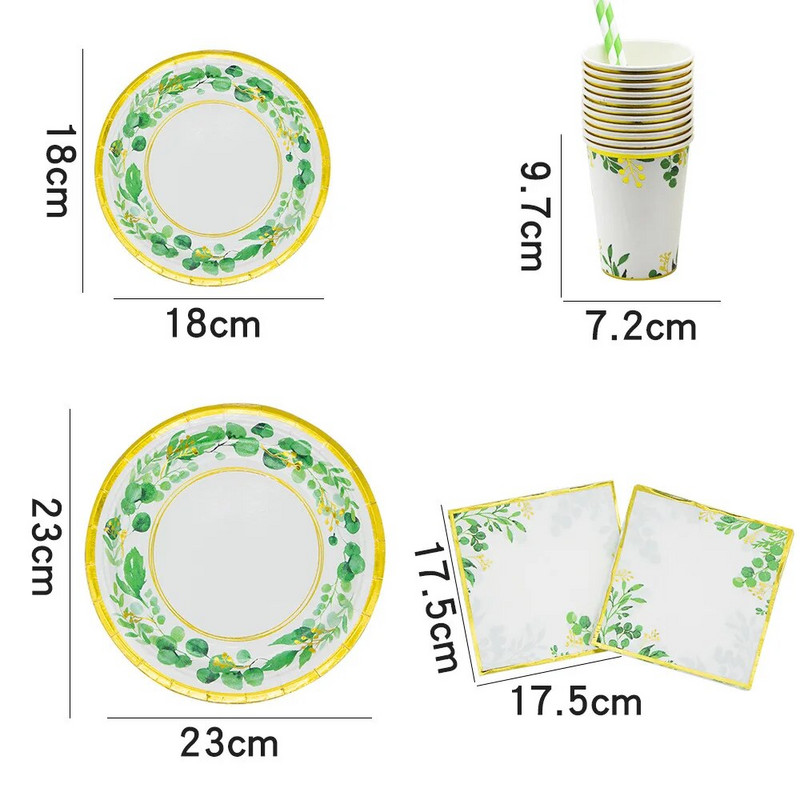 Χρυσή δαντέλα Πράσινα φύλλα Επιτραπέζια σκεύη μιας χρήσης Προμήθειες για ντους μωρών Πράσινη φυτική στάμπα πετσέτες Παιδικά διακοσμητικά για πάρτι για χαρούμενα γενέθλια